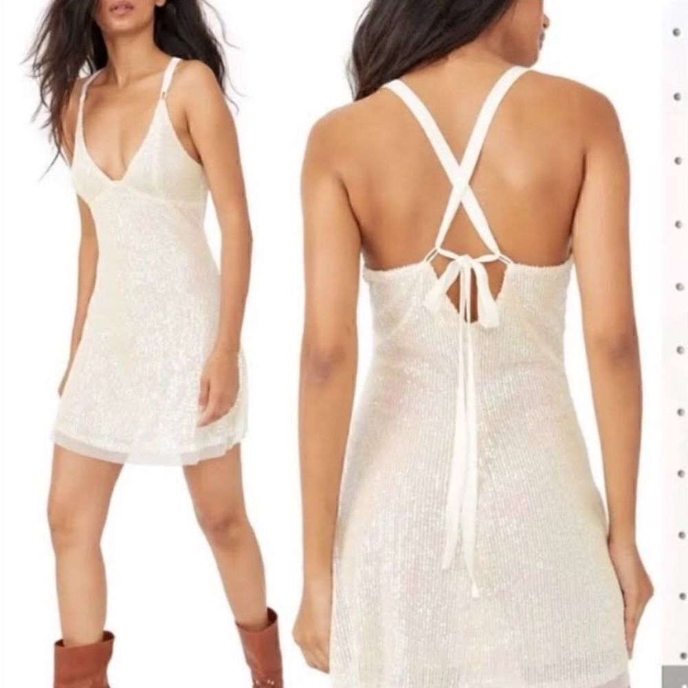 NWT FREE PEOPLE White Sparkle Mini Dress - Picture 4 of 5